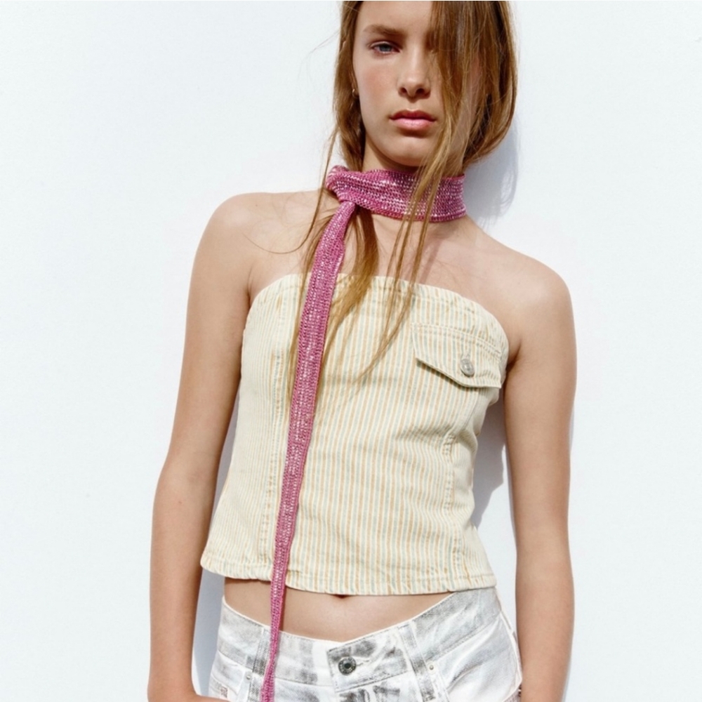 NWOT Zara Green & Yellow Striped Denim Button-Back Corset Bandeau Top